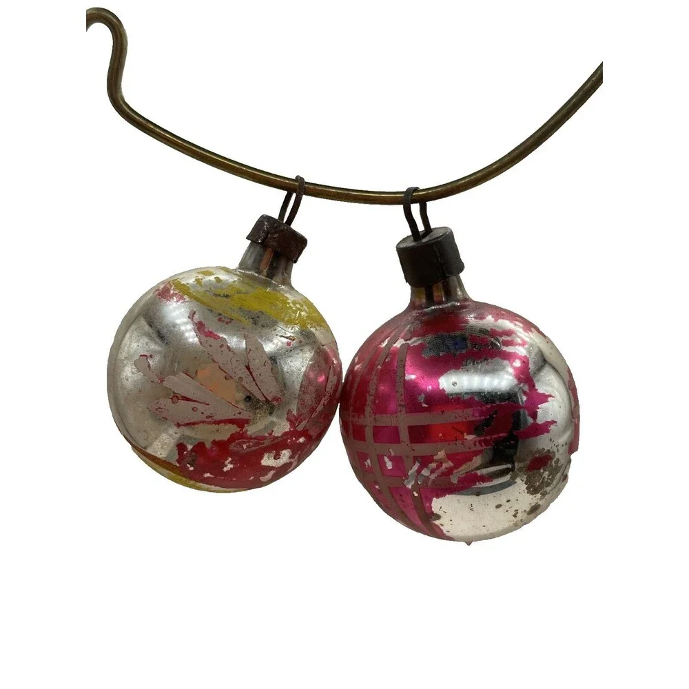 2 Vintage Mercury Glass Painted Christmas Ornaments Floral Striped Holiday Tree